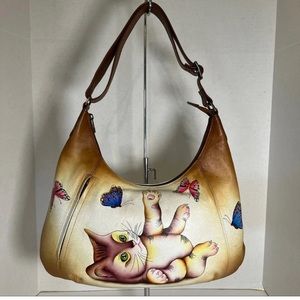Anuschka Hand-Painted Leather Zip Front Hobo Bag -  Playful Kitten